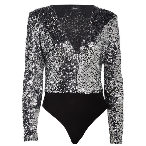 NEW BARDOT SILVER SEQUIN LONG SLEEVE BODYSUIT - Picture 9 of 11